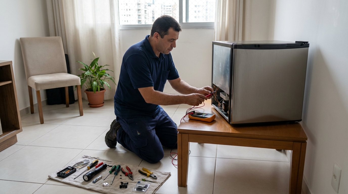 Técnico fazendo manutenção do motor de frigobar em Ribeirão Preto‑SP