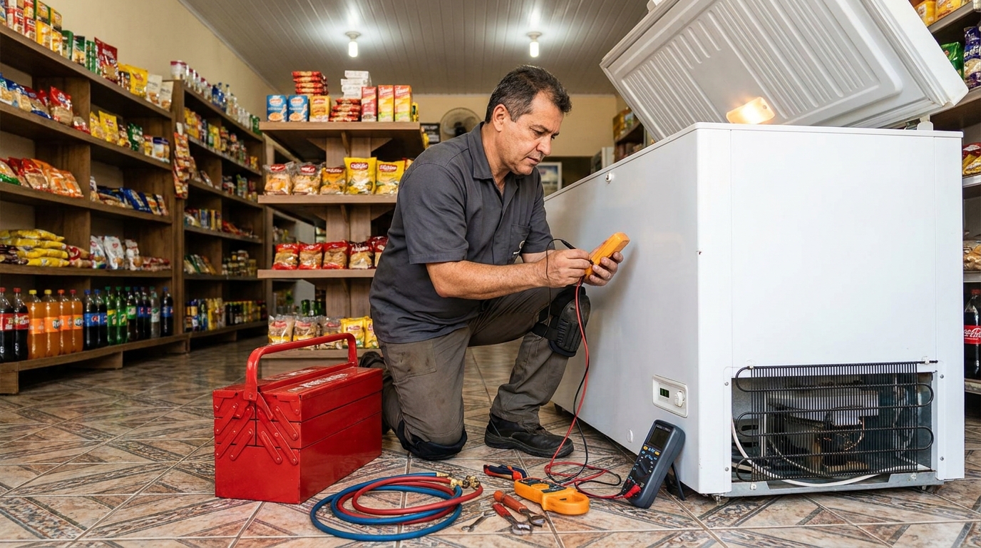 Recarga de gás refrigerante no freezer durante atendimento em Ribeirão Preto‑SP