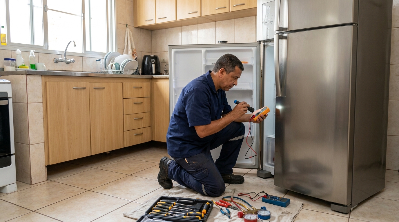 Técnico aplicando recarga de gás refrigerante em geladeira em Ribeirão Preto‑SP